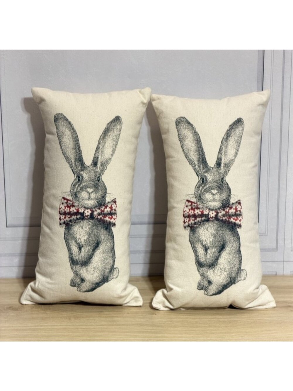 2 Maya & Pickles Bunny Rabbit Pillows Cottagecore W/Bow Tie Cotton Canvas